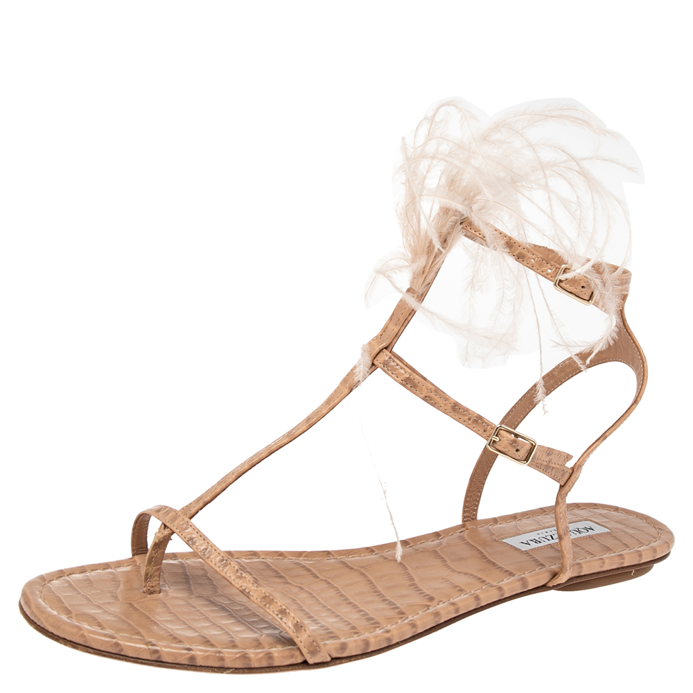 luxury-women-aquazzura-used-shoes-p505008-007-2 Aquazzura Beige Snake Embossed Leather Feather Trimmed T- Strap Sandals Size 39