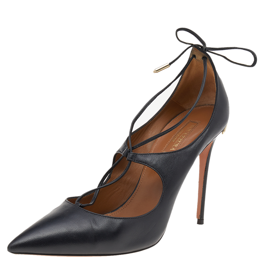 luxury-women-aquazzura-used-shoes-p551388-002-1 Aquazzura Black Leather Christy Lace Ankle Wrap Pumps Size 38.5