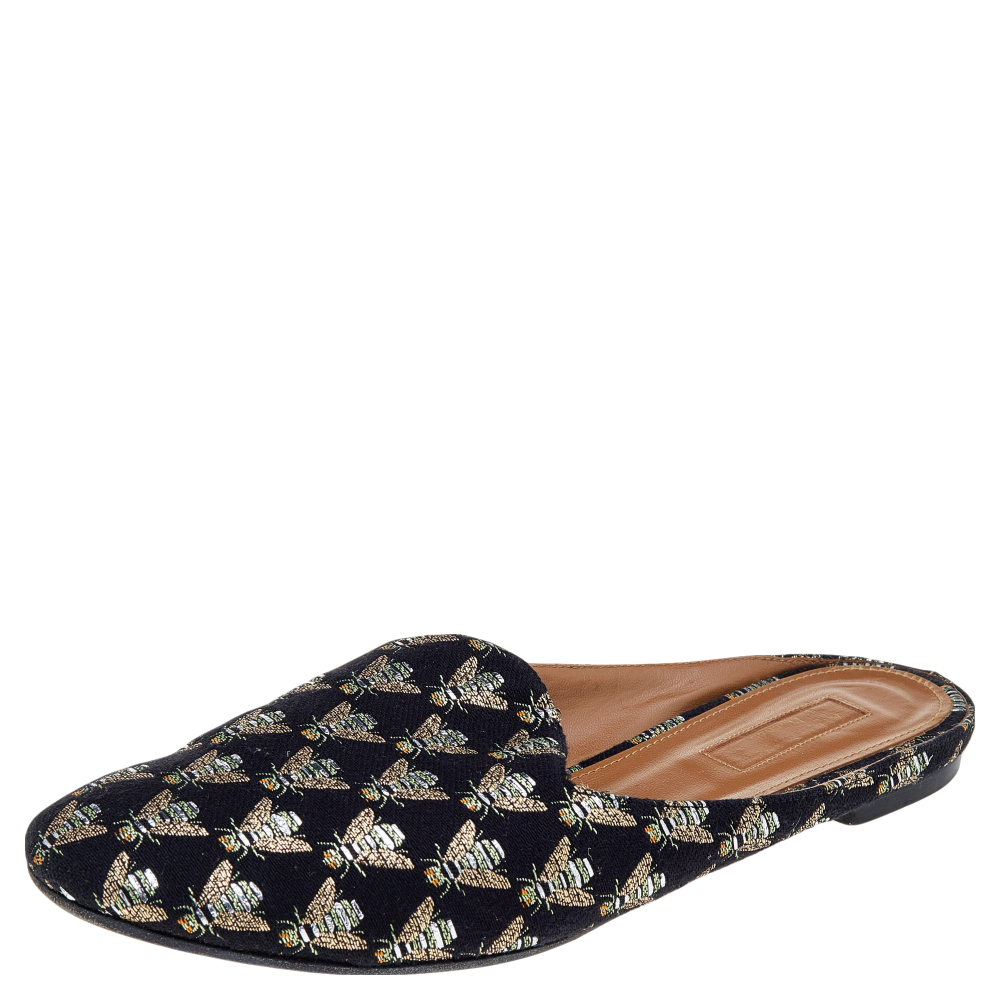 Aquazzura Black Bee Embroidered Fabric Flat Mules Size 39.5