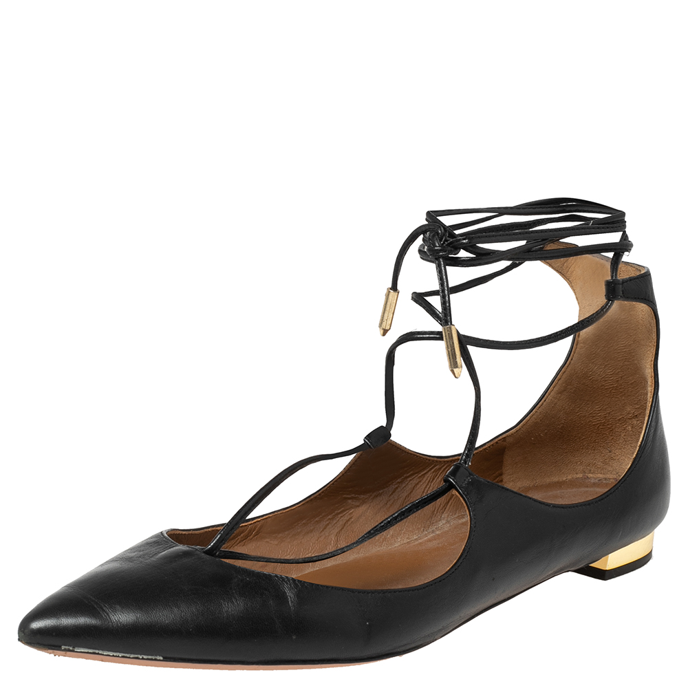 luxury-women-aquazzura-used-shoes-p573345-003-2 Aquazzura Black Leather Christy Ankle-Wrap Ballet Flats Size 36.5