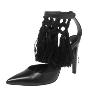 Aquazzura Black  Leather  Fringe Ankle Strap Sandals Size 38.5