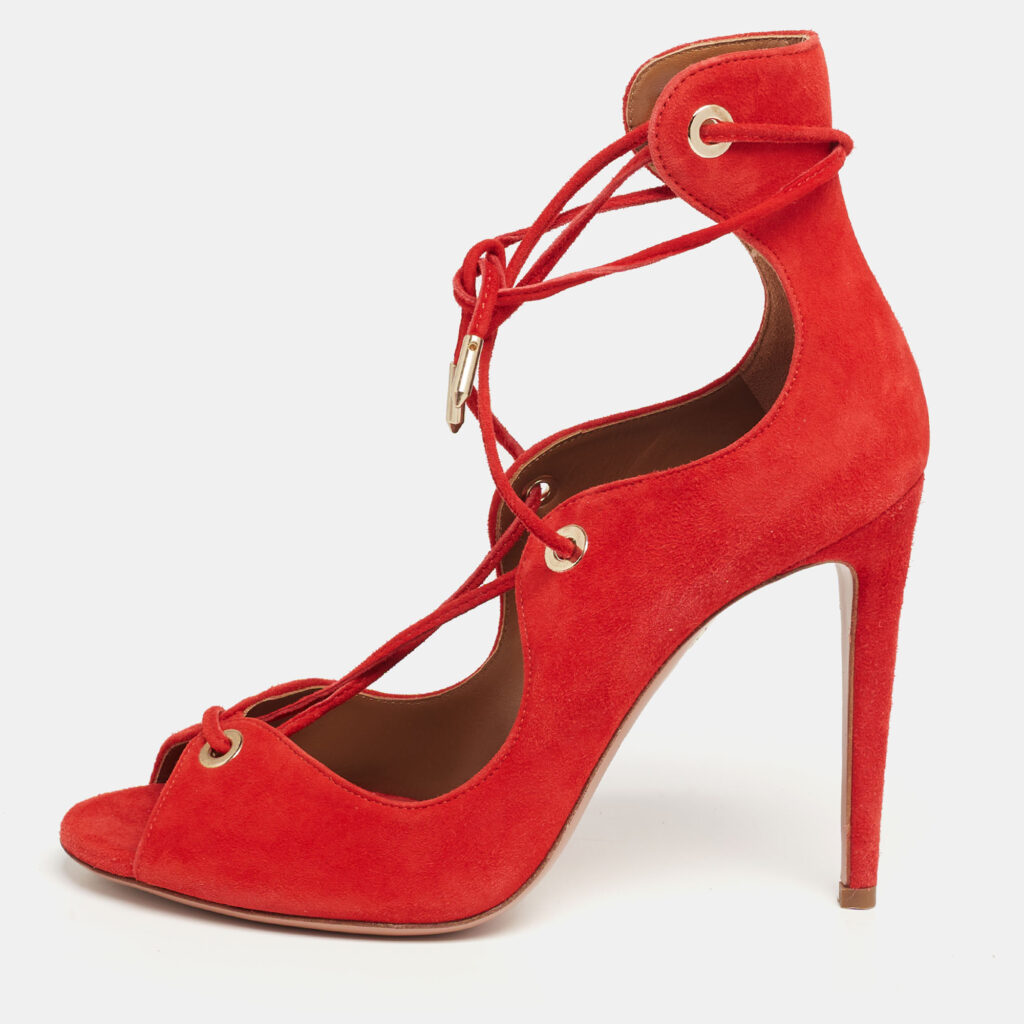 luxury-women-aquazzura-used-shoes-p629041-012-2 Aquazzura Red Suede Tango Curvy Lace-Up Sandals Size 37