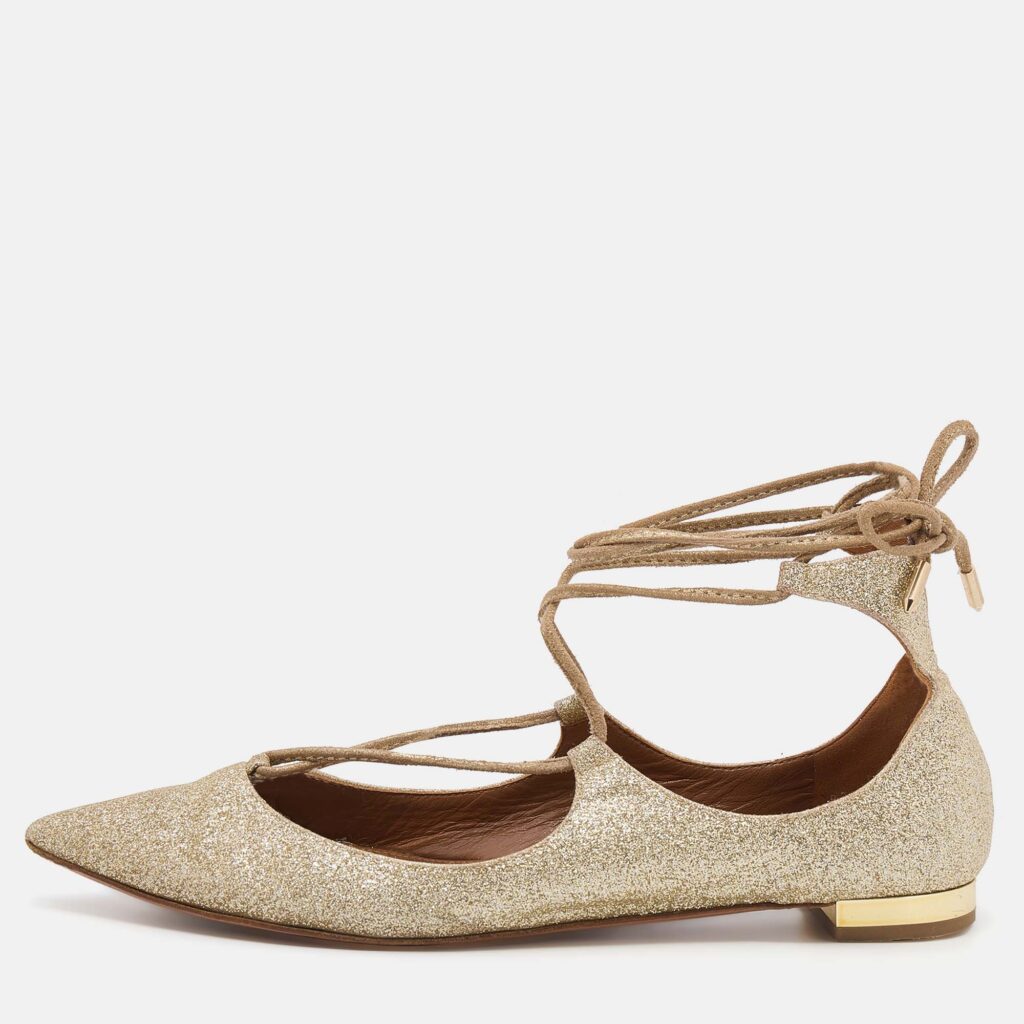 luxury-women-aquazzura-used-shoes-p634075-001-2 Aquazzura Metallic Gold Glitter Christy Lace Up Pointed Toe Ballet Flats Size 35.5