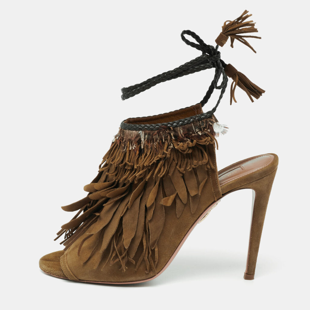 luxury-women-aquazzura-used-shoes-p635620-004-2 Aquazzura Olive Green Suede Tassel Ankle Tie Sandals Size 39