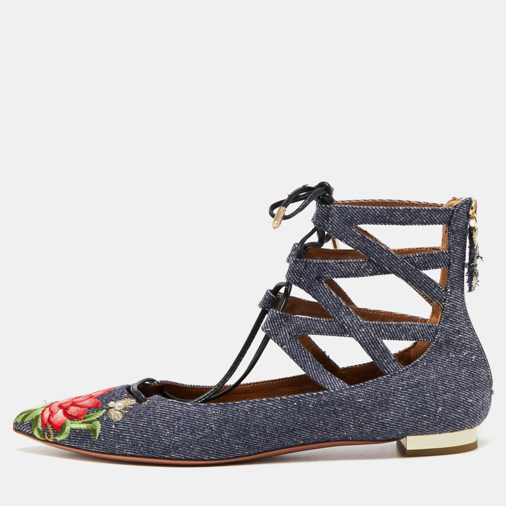 luxury-women-aquazzura-used-shoes-p702539-003 Aquazzura Blue Floral Embroidered Denim Christy Flat Sandals Size 38