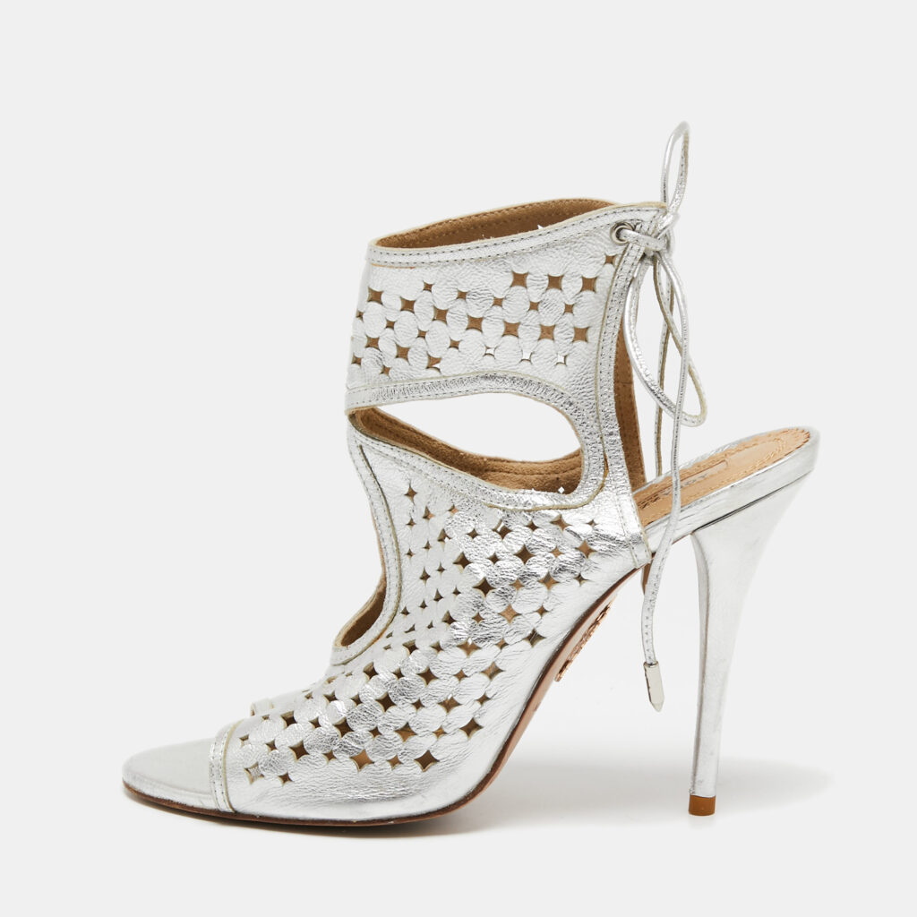 luxury-women-aquazzura-used-shoes-p703265-001-1 Aquazzura Silver Leather Laser Cut Sexy Thing Ankle Tie Sandals Size 39