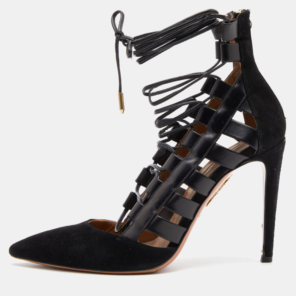 Aquazzura Black Suede and Leather Amazon Ankle Wrap Pumps Size 36.5