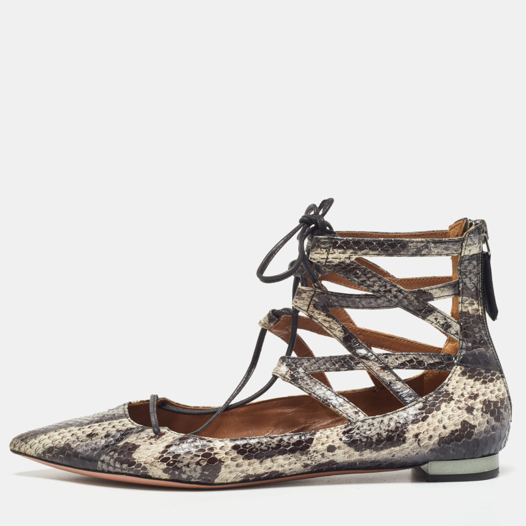 luxury-women-aquazzura-used-shoes-p862970-006 Aquazzura Two Tone Snakeskin Belgravia Ankle Tie Flats Size 36.5