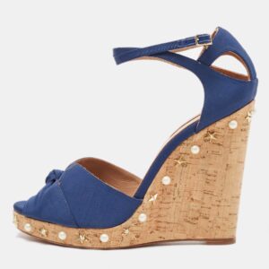 Aquazzura Blue Grosgrain Embellished Harlow Wedge Sandals Size 41