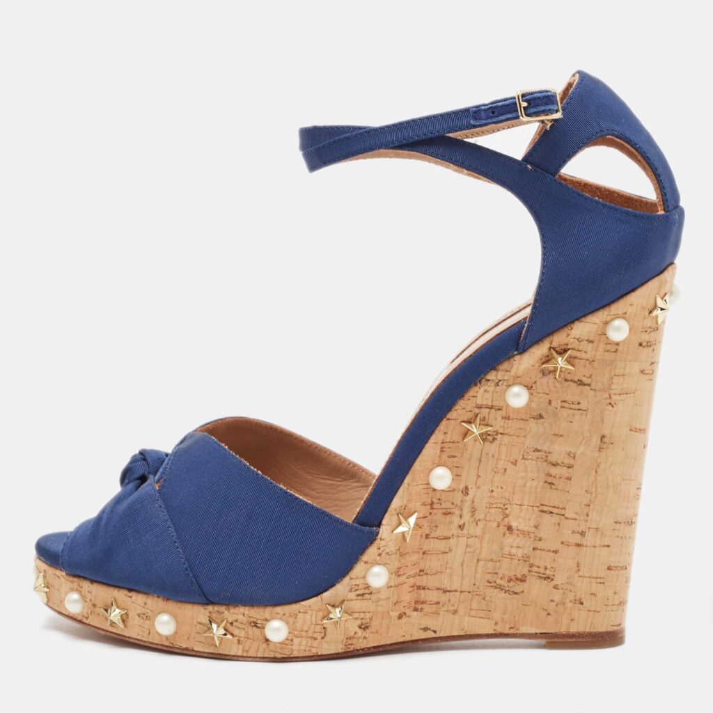 luxury-women-aquazzura-used-shoes-p901384-001 Aquazzura Blue Grosgrain Embellished Harlow Wedge Sandals Size 41