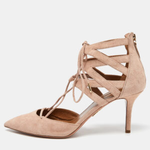 Aquazzura Pink Suede Belgravia Lace Up Pointed Toe Pumps Size 41