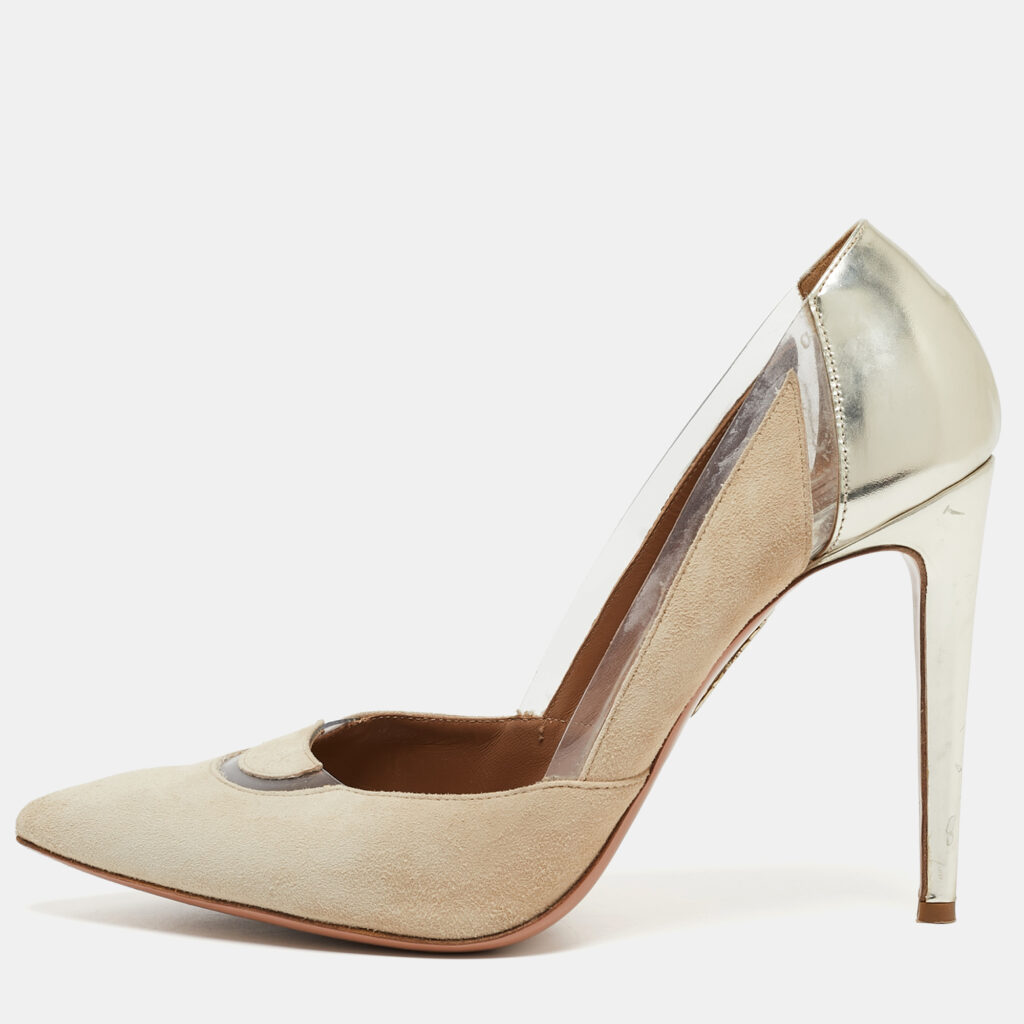 luxury-women-aquazzura-used-shoes-p930652-001 Aquazzura Beige/Gold Suede, Leather and PVC Pointed Toe Pumps Size 40