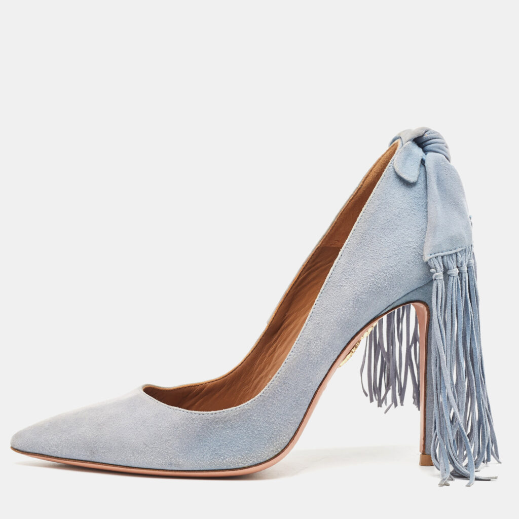 luxury-women-aquazzura-used-shoes-p937022-001 Aquazzura Grey Suede Bow Fringe Pumps Size 35