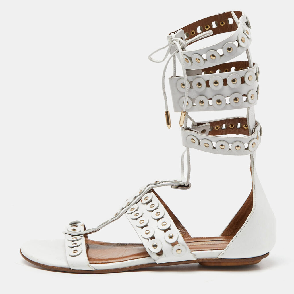 luxury-women-aquazzura-used-shoes-p947304-010 Aquazzura White Studded Leather Strappy Gladiator Flat Sandals Size 37