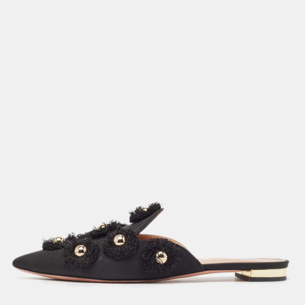 Aquazzura Black Canvas Sunflower Mules Size 36