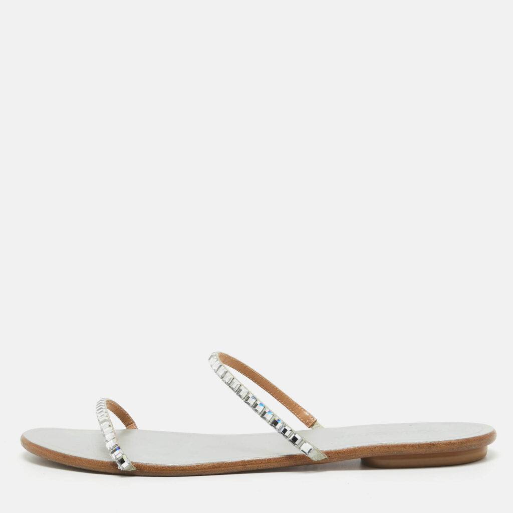 Aquazzura Sliver Crystal Embellished Leather Strappy Flats Size 41