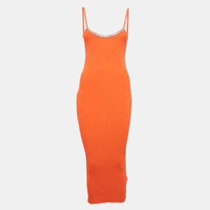 Area Orange Rib Knit Crystal Embellished Midi Dress M