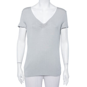 Armani Collezioni Grey Knit Ruched Neck Detail T-Shirt XL