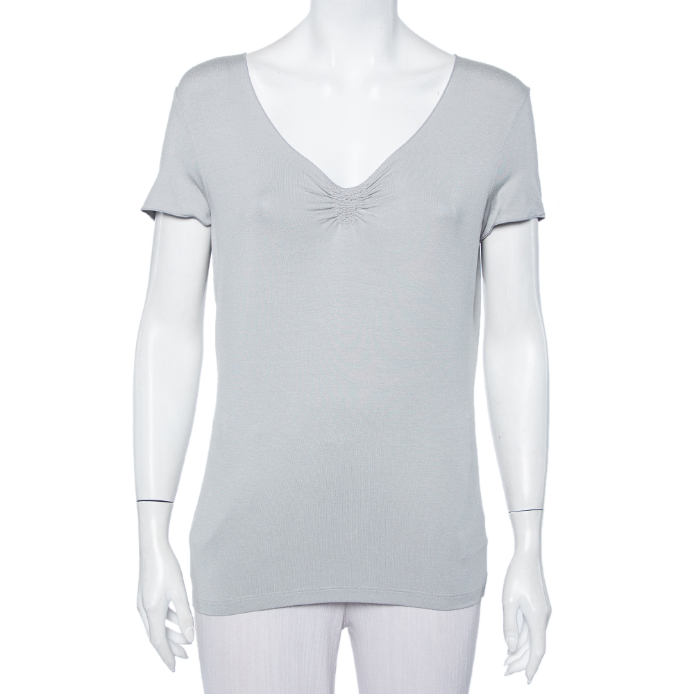 luxury-women-armani-collezioni-new-clothes-p470127-007 Armani Collezioni Grey Knit Ruched Neck Detail T-Shirt XL