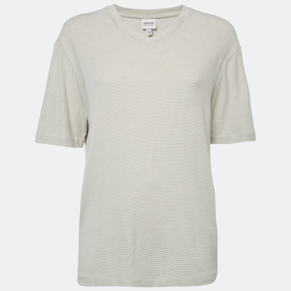 Armani Collezioni Stripe Grey Knit V-Neck Top L