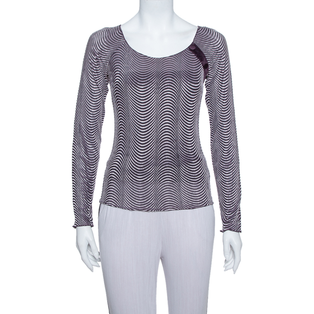 Armani Collezioni Purple Wave Pattern Knit button Detail Top S
