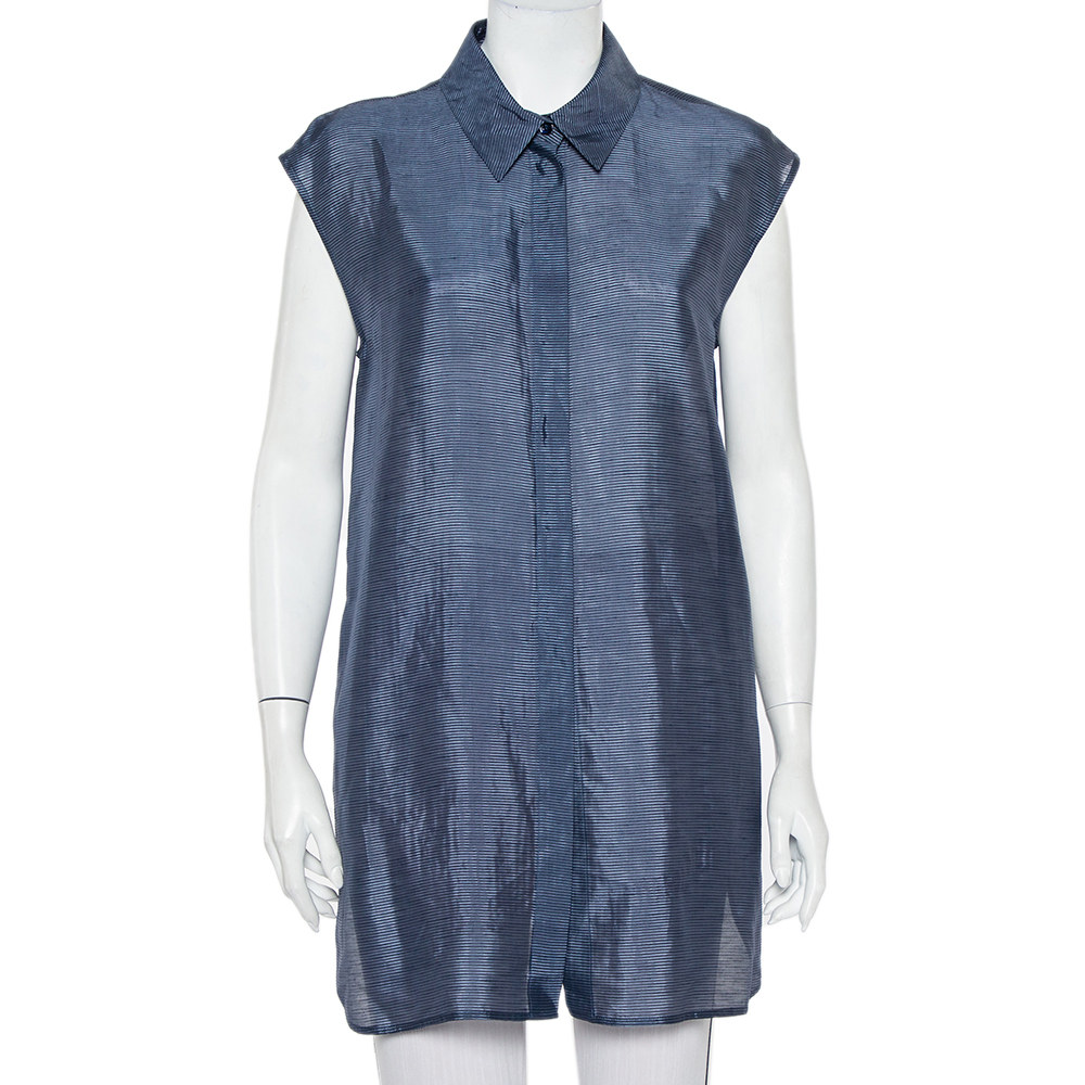 luxury-women-armani-collezioni-used-clothes-p437095-004 Armani Collezioni Navy Blue Striped Linen & Silk Sleeveless Long Shirt M