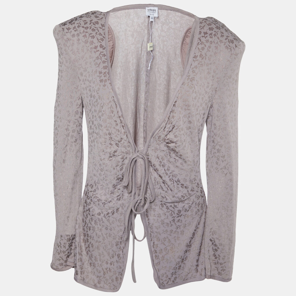 luxury-women-armani-collezioni-used-clothes-p862905-001 Armani Collezioni Light Lavender Floral Jacquard Knit Tie Front Shrug L