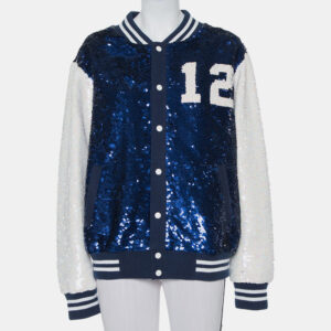 Ashish Navy Blue & White Sequin Embellished Button Front Jacket M