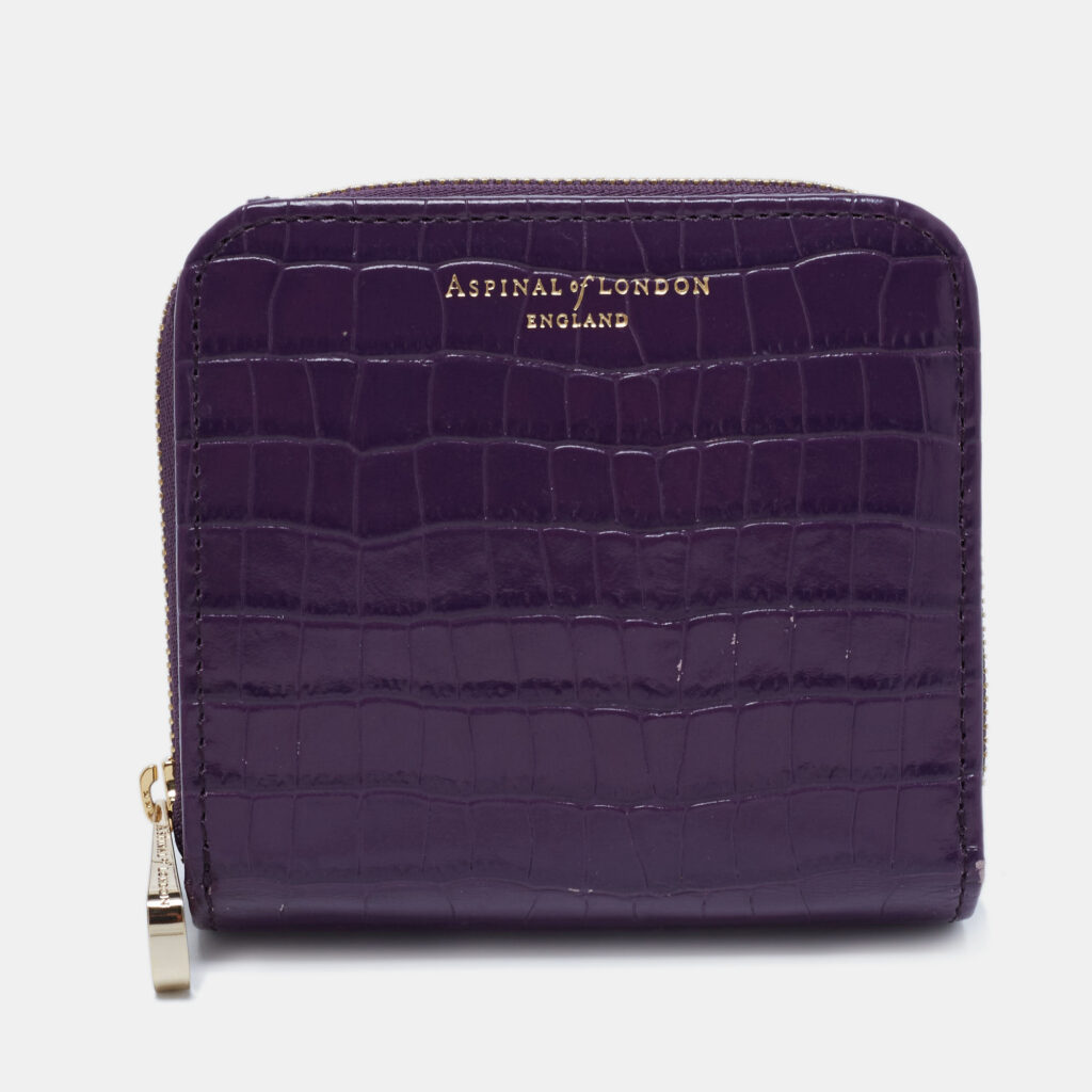 luxury-women-aspinal-of-london-used-handbags-p680188-002-1 Aspinal of London Purple Croc Embossed Leather Zip Around Compact Wallet