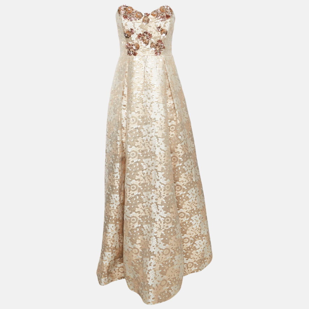 luxury-women-badgley-mischka-new-clothes-p1082343-006 Badgley Mischka Rose Gold Sequin Embellished Brocade Strapless Gown M