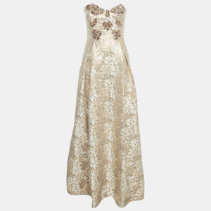 Badgley Mischka Gold Sequin Embellished Brocade Strapless Gown L