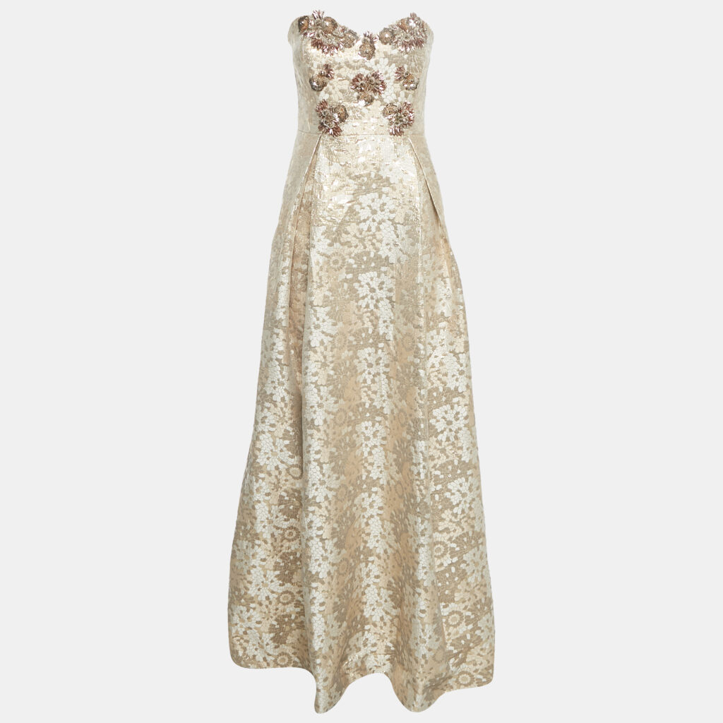 Badgley Mischka Gold Sequin Embellished Brocade Strapless Gown L