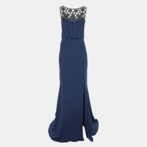 badgley mischka blue silk stretch embellished gown dress l