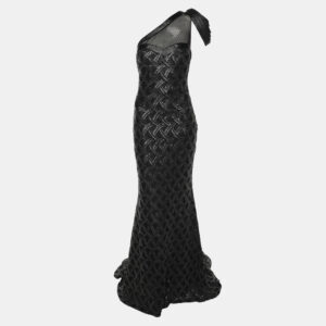 Badgley Mischka Black/Grey Sequin Tulle One Shoulder Dress S