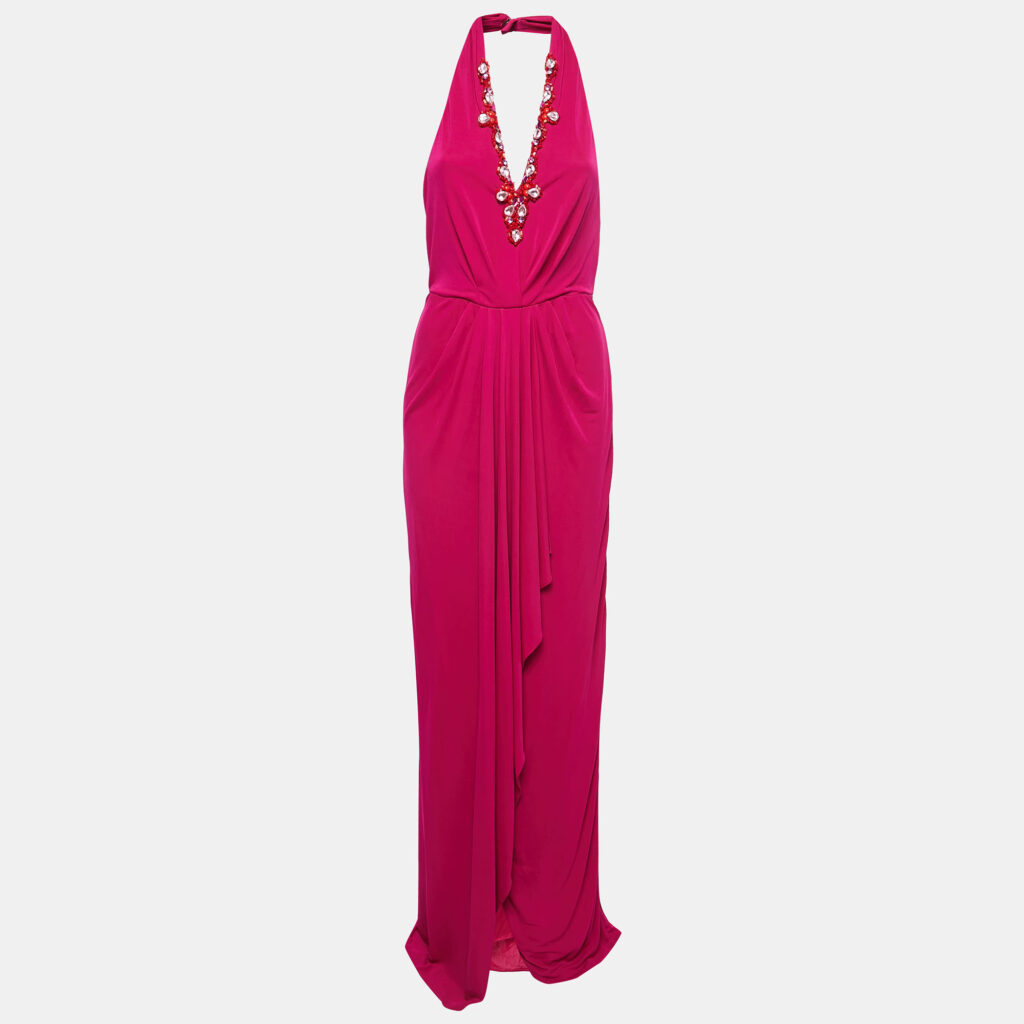 luxury-women-badgley-mischka-used-clothes-p779375-001 Badgley Mischka Pink Stretch Jersey Embellished Halter Gown M