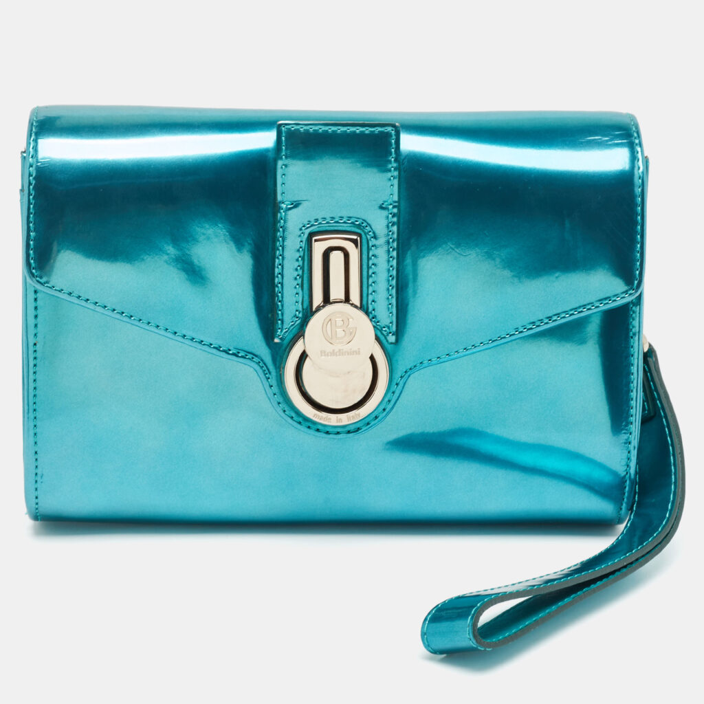 luxury-women-baldinini-used-handbags-p1098100-013 Baldinini Metallic Blue Patent Leather Flap Wristlet Clutch