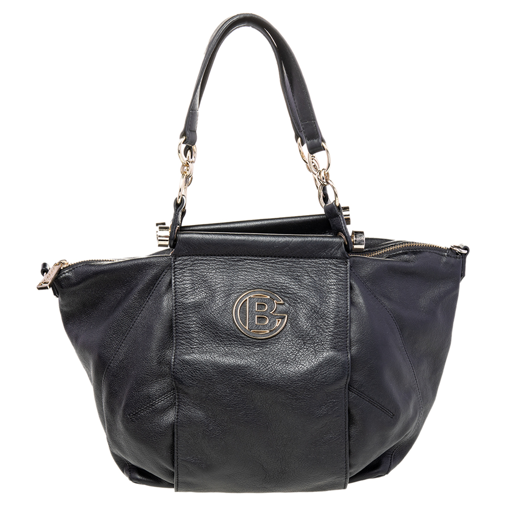 Baldinini Black Leather Top Zip Tote