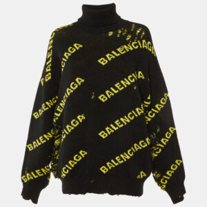 Balenciaga Black All Over Logo Wool Knit Distressed Sweater M