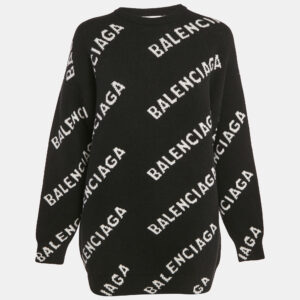 Balenciaga Black Allover Logo Jacquard Wool Crew Neck Oversized Jumper XS