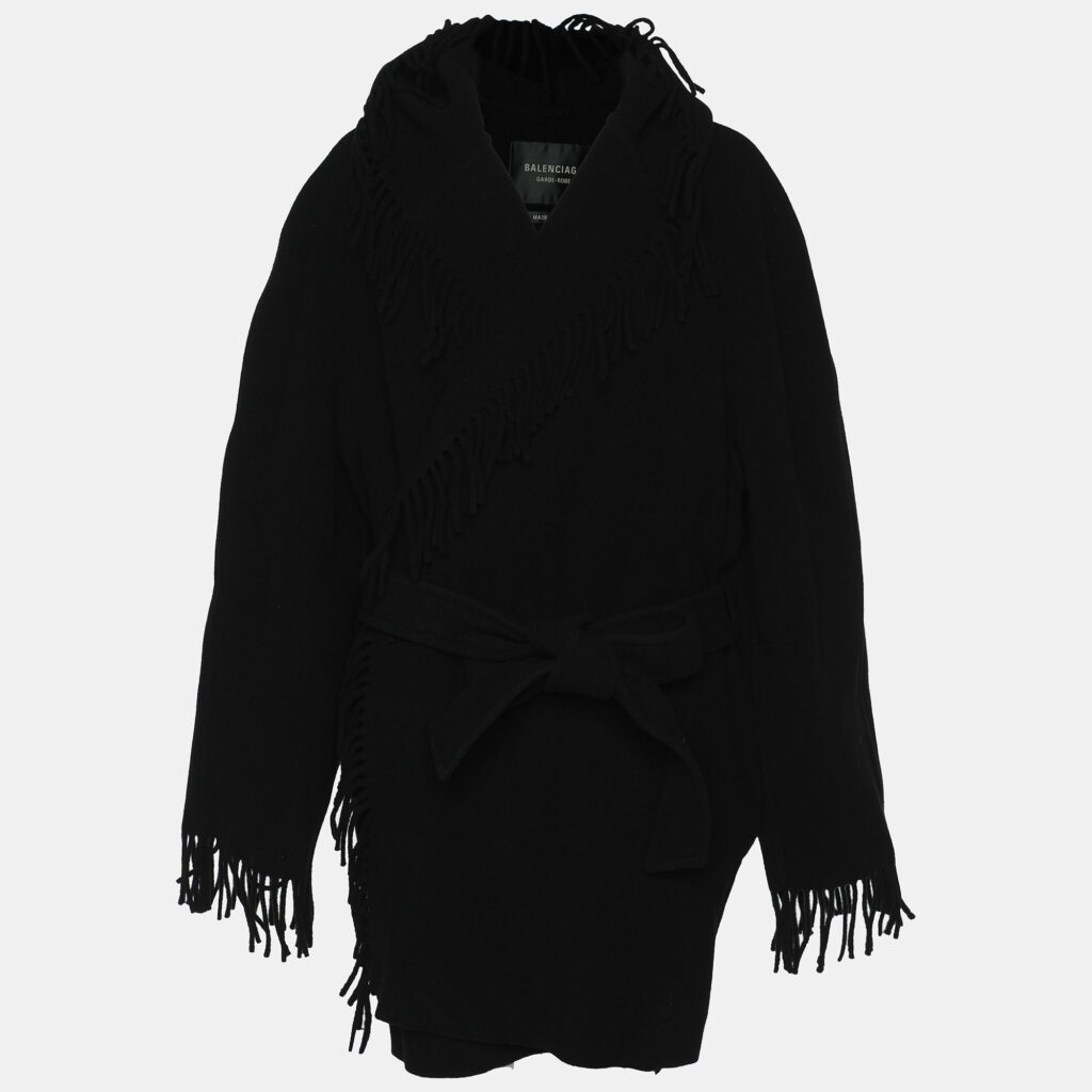luxury-women-balenciaga-new-clothes-p1170501-002 Balenciaga Black Wool Fringe Edge Hooded Cardi Coat M