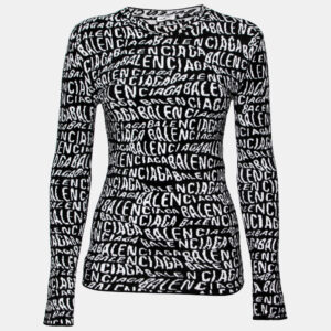 Balenciaga White & Black Wavy Logo Knitted Crew Neck Top XS