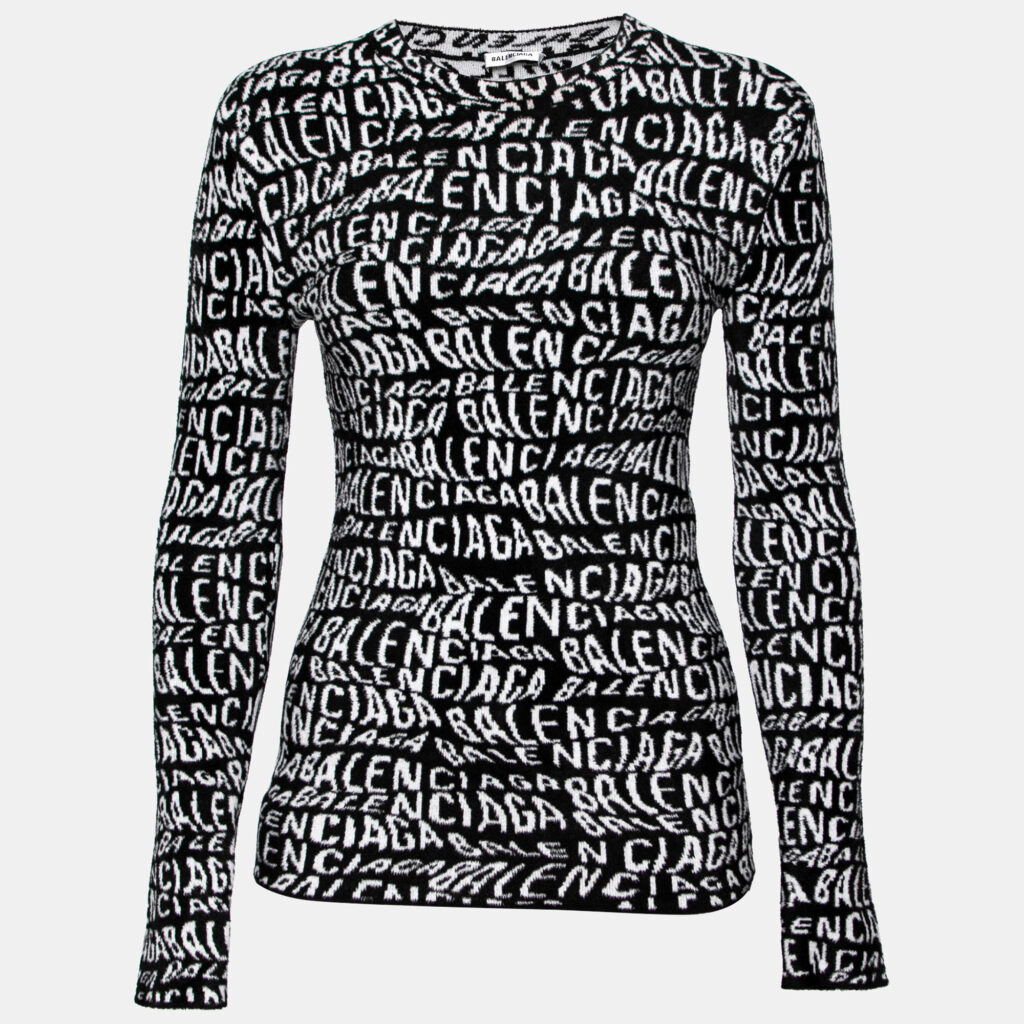 luxury-women-balenciaga-new-clothes-p631247-001-2 Balenciaga White & Black Wavy Logo Knitted Crew Neck Top XS