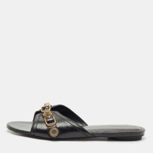 Balenciaga Black Leather Studded Cagole Flat Slides Size 39