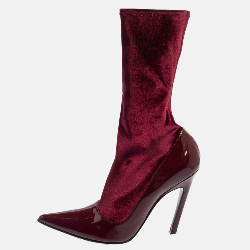 luxury-women-balenciaga-new-shoes-p432075-016 Balenciaga Burgundy Velvet And Patent Leather Knife Mid Calf Boots Size 39