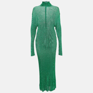 Balenciaga Green Metallic Rib Knit Turtle Neck Maxi Dress S