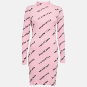 Balenciaga Pink Logo Print Rib Knit Bodycon Dress M