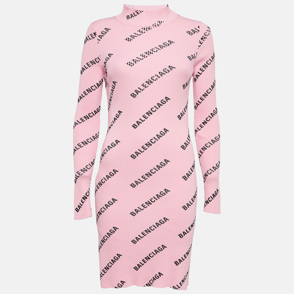luxury-women-balenciaga-used-clothes-p1034541-001 Balenciaga Pink Logo Print Rib Knit Bodycon Dress M