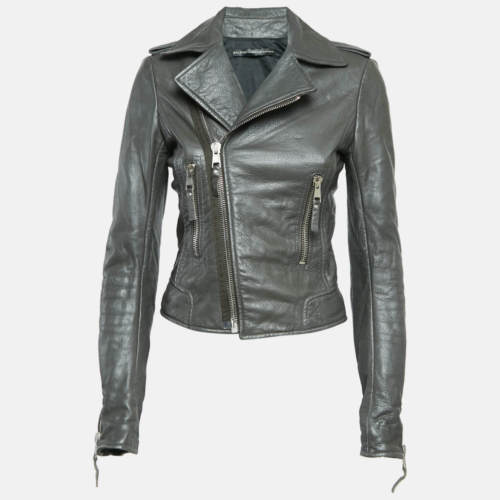 luxury-women-balenciaga-used-clothes-p1044599-001 Balenciaga Green Leather Biker Jacket M
