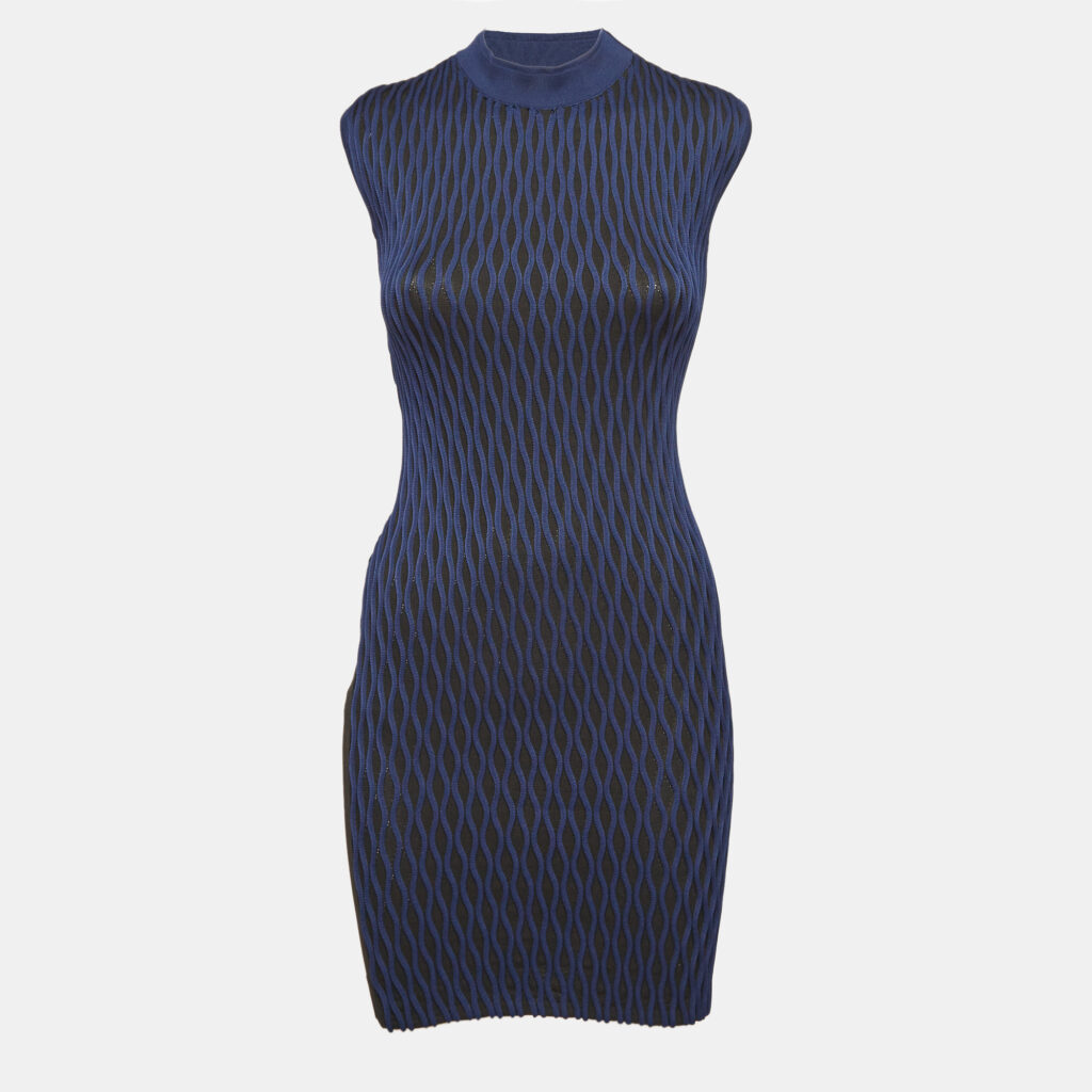 Balenciaga Black/Blue Textured Knit Mini Dress S