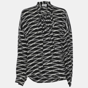 Balenciaga Black Zig Zag Logo Printed Silk Neck Tie Detail Top M